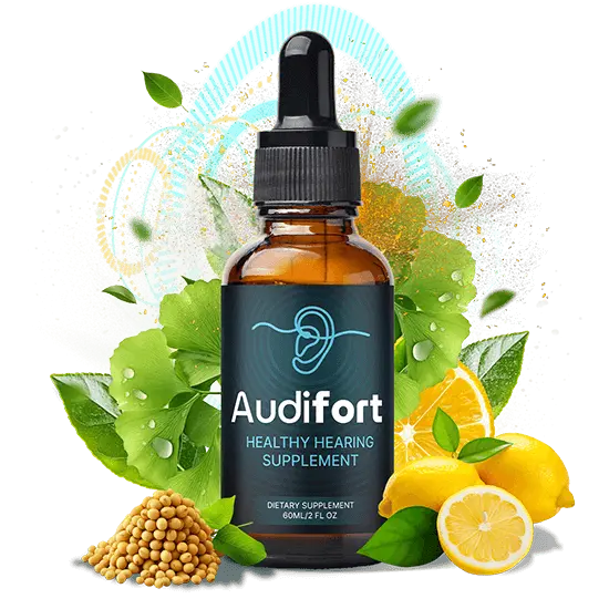 Audifort Healthy Hearing Supplement bottle surrounded by natural ingredients like lemon, green leaves, and mustard seeds with colorful splashes in the background.