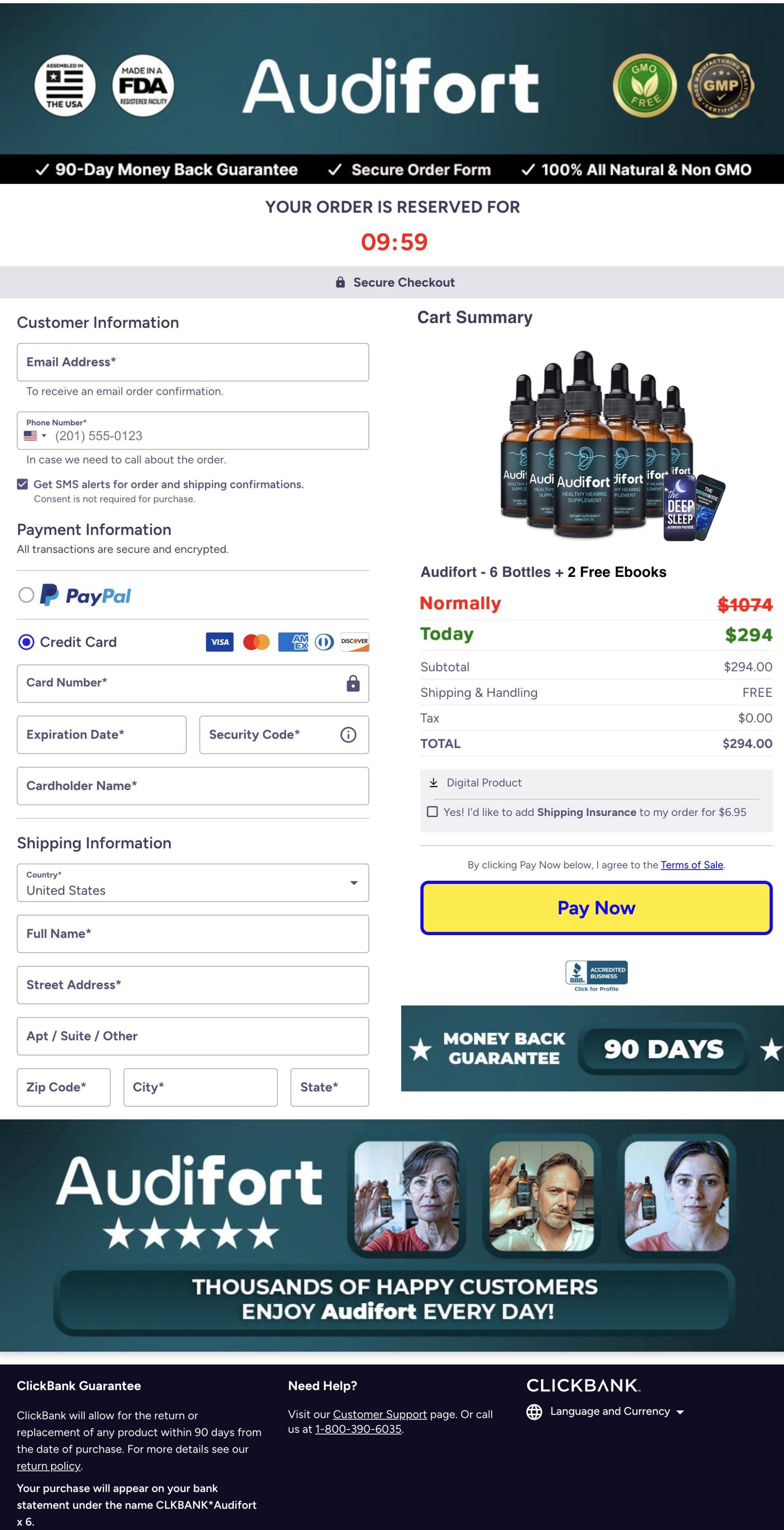 Audifort secure checkout page showing customer and payment information fields, cart summary with six bottles and two free eBooks for $294, a 90-day money-back guarantee, and images of satisfied customers holding Audifort bottles.