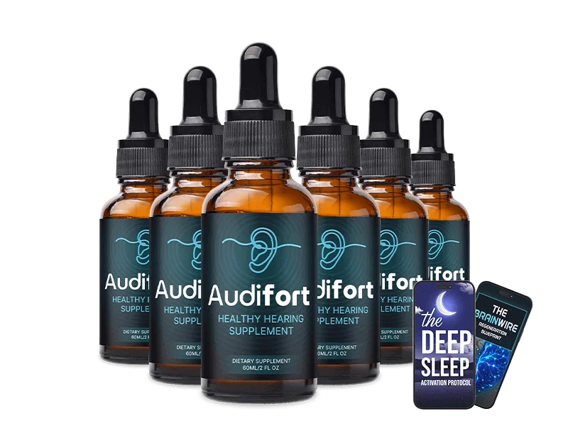 Six bottles of Audifort Healthy Hearing Supplement arranged in a row, shown with two bonus eBooks titled ‘The Deep Sleep Activation Protocol’ and ‘The Brainwire Regeneration Blueprint.’