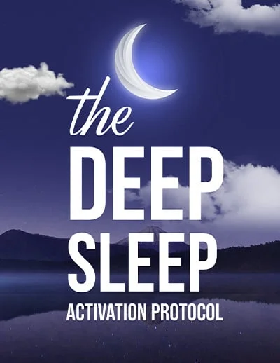 Cover image titled ‘The Deep Sleep Activation Protocol’ featuring a glowing crescent moon, clouds, and a calm night sky reflected on a lake.