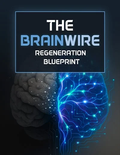 Cover image titled ‘The Brainwire Regeneration Blueprint’ showing a human brain with one half in gray and the other half represented by glowing blue neural circuits.