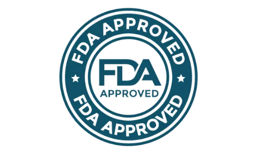 Blue circular badge with the text ‘FDA Approved’ written around the border and the FDA logo in the center.