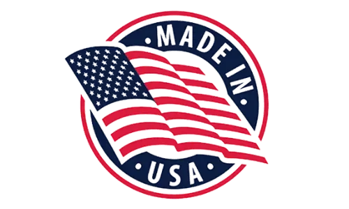 Circular badge with an American flag design and the words ‘Made in USA’ written around it.