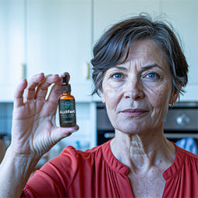 Older woman in a red blouse holding a small brown bottle labeled ‘Audifort’ in a kitchen setting.