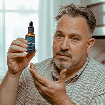 Middle-aged man in a checkered shirt holding up a small brown bottle labeled ‘Audifort’ and gesturing toward it indoors.