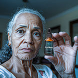 Elderly woman with gray hair holding a small brown bottle labeled ‘Audifort’ while looking at the camera indoors.
